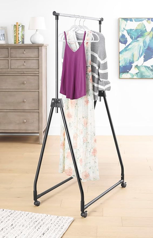 Whitmor Folding Garment Rack - Rolling Clothes Hanger - Adjustable Height - Black