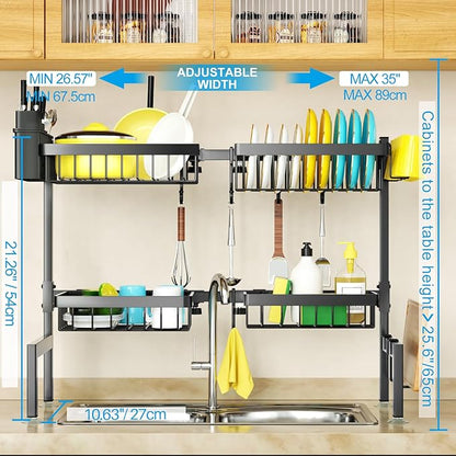 SNSLXH [2-Tier 4 Baskets Over The Sink Dish Drying Rack, 26.57"-35", Large Sink Rack for Kitchen, Extensible and Adjustable, Saving Kitchen Space