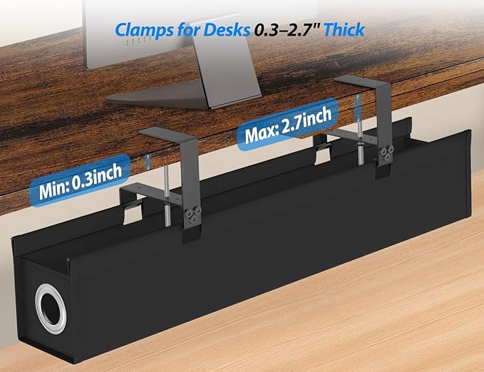 Under Desk Cable Management Tray No Drill, Suolaao 30 Inch Cord Organizer with Oxford Fabric, Clamp Mount, Holds 30 lbs, Large Cable Rack for Gaming & Home Office Standing Desk
