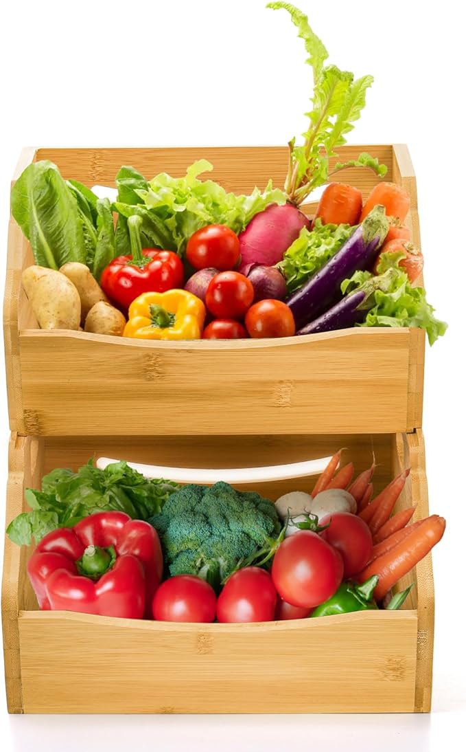 2 Pack Bamboo Stackable Storage Bin, Countertop Open Front Stacking Bins, 2 Tier Organize Basket Box with Handle, Food Fruit Container for Cabinet, Kitchen, Studio, Office