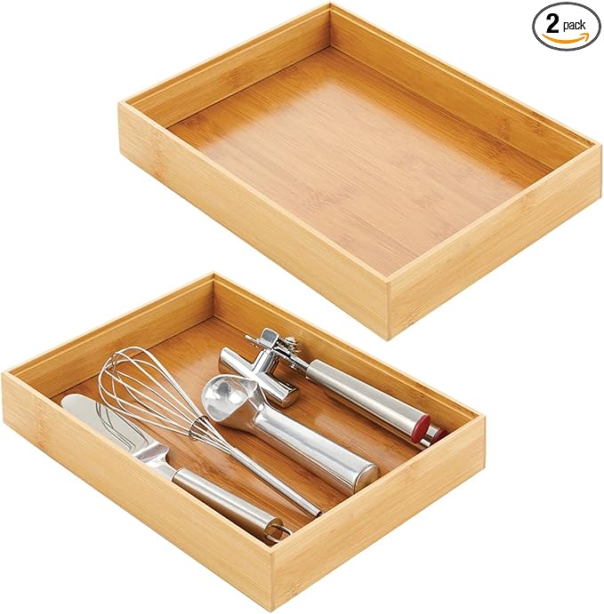 mDesign Bamboo Wood Stackable Drawer Organizer Bin Box for Kitchen; Holds Silverware, Cutlery, Utensils - Echo Collection - 2 Pack - Natural
