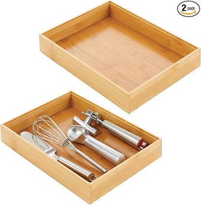 mDesign Bamboo Wood Stackable Drawer Organizer Bin Box for Kitchen; Holds Silverware, Cutlery, Utensils - Echo Collection - 2 Pack - Natural