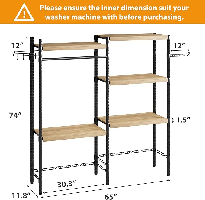 IDEALHOUSE 30" Adjustable Washer Dryer Shelf, 5-Tier Heavy Duty Laundry Organizer with Shelf Capacity, Ventilated Double Wood Shelves(Natural & Black)