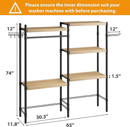IDEALHOUSE 30" Adjustable Washer Dryer Shelf, 5-Tier Heavy Duty Laundry Organizer with Shelf Capacity, Ventilated Double Wood Shelves(Natural & Black)