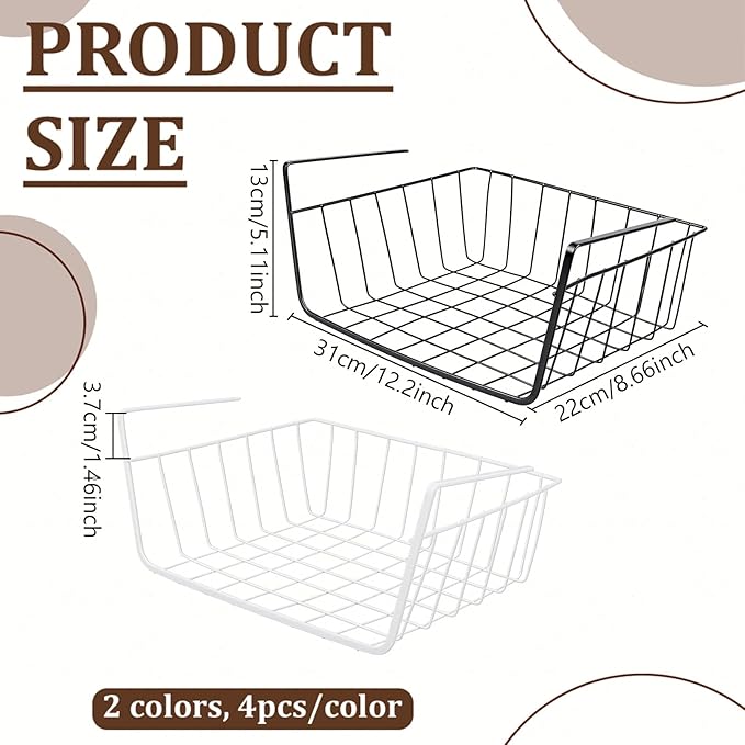 8 Pcs Under Shelf Wire Basket, Slide-in Baskets Organizer for Kitchen Pantry Desk Bookshelf, Cabinet Baskets Organizer 12.2x8.66x5.1Inch for Kitchen, Office, Pantry(Black and White)