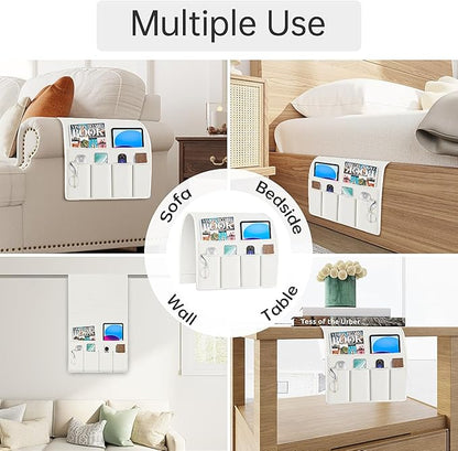 Guken Armchair Caddy Remote Control Holder, Recliner Armchair Caddy Linen Fabric Couch Remote Organizer with 6 Pocket Storage for Magazine, Tablet, Phone, iPad and More, Ivory