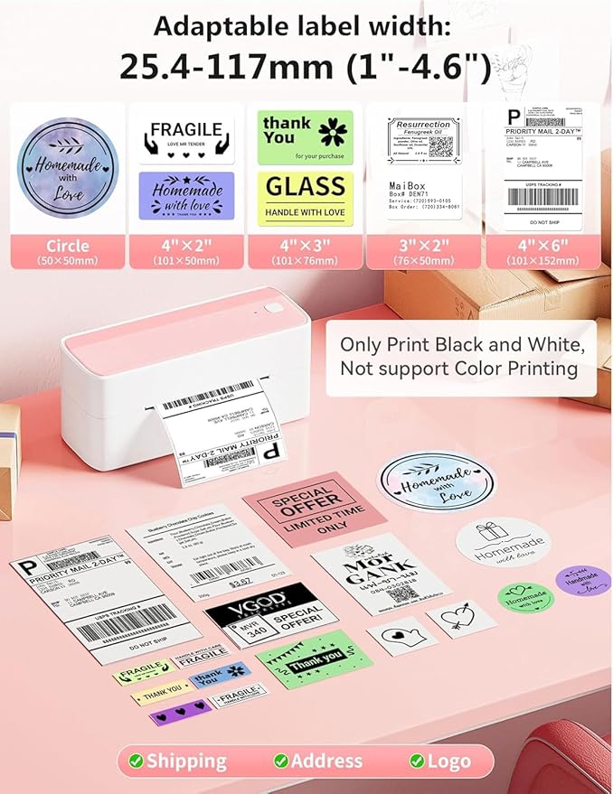 Phomemo Bluetooth Thermal Label Printer, 241BT 4X6 Wireless Shipping Label Printer for Small Business, Pink Labels Printers for Shipping Package, Compatible with iPhone, Android, Shopify, Amazon, USPS