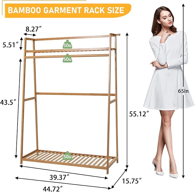 Bamboo Clothing Garment Rack 2 Tier Storage Shelf Coat Clothes Hanging Rack, Portable Wardrobe Closet Organizer With Top Shelf, Shoe Storage Shelves for Bedroom (Natural - 39.37 in)