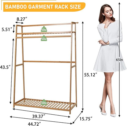Bamboo Clothing Garment Rack 2 Tier Storage Shelf Coat Clothes Hanging Rack, Portable Wardrobe Closet Organizer With Top Shelf, Shoe Storage Shelves for Bedroom (Natural - 39.37 in)