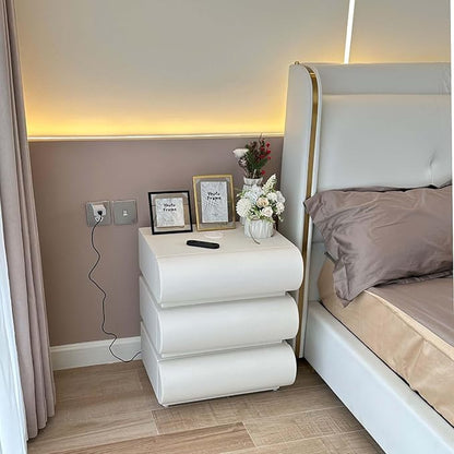 homary Smart Nightstand with Wireless Charging, USB & Type-C Ports – Modern White Leather Night Stand with 3 Drawers, Bedside Table for Bedroom