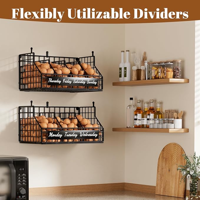 Egg Basket for Countertop, Egg Holder Countertop with 5 Dividers & Labels, 2 Tier Stackable Wire Storage Baskets to Keep Fresh Eggs Organized, Egg Organizer Decorative Rack for Kitchen & Home, Black