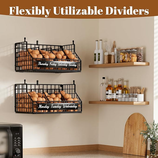 Egg Basket for Countertop, Egg Holder Countertop with 5 Dividers & Labels, 2 Tier Stackable Wire Storage Baskets to Keep Fresh Eggs Organized, Egg Organizer Decorative Rack for Kitchen & Home, Black