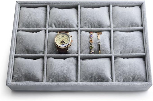 Oirlv Premium Velvet 12 Grid Jewelry Organizer Tray with Removable Pillow Watch Organizer Jewelry Tray Bracelet Bangle Watch Display Holder