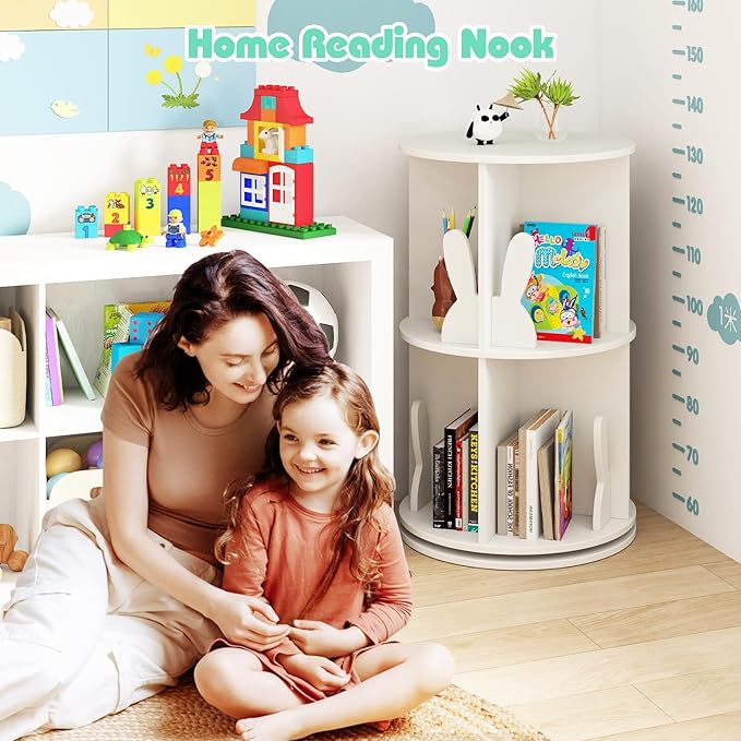 Costzon Kids Rotating Bookshelf, 2 Tier Small Book Shelf with Bookends, 360° Display Spinning Bookshelf Tower, Corner Bookshelf for Small Space, Kids Room, Bedroom, Nursery (White)