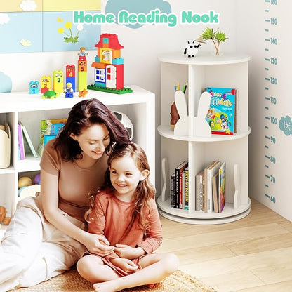 Costzon Kids Rotating Bookshelf, 2 Tier Small Book Shelf with Bookends, 360° Display Spinning Bookshelf Tower, Corner Bookshelf for Small Space, Kids Room, Bedroom, Nursery (White)