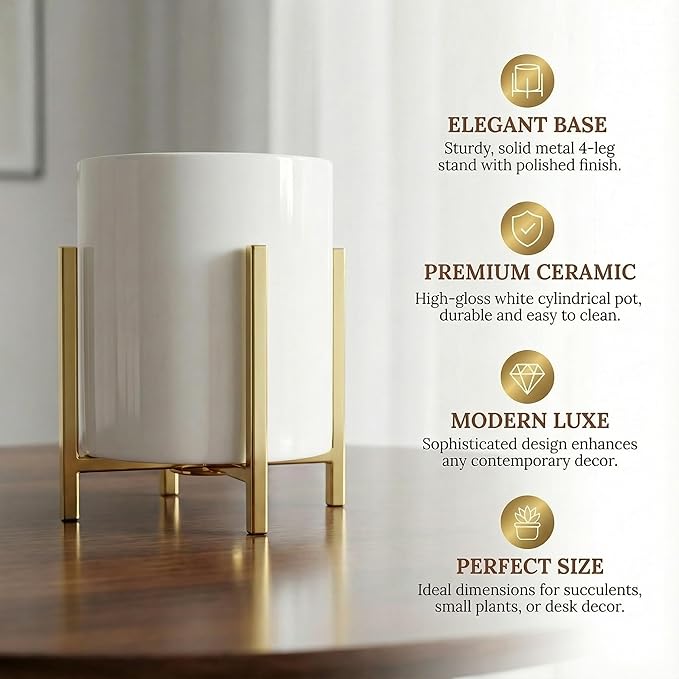 Ceramic Pen Holder for Desk, Durable Ceramic Pencil Cup Holder for Womens Girls, Makeup Cup for Brushes, with 4 Legs Metal Frame