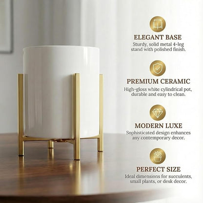 Ceramic Pen Holder for Desk, Durable Ceramic Pencil Cup Holder for Womens Girls, Makeup Cup for Brushes, with 4 Legs Metal Frame