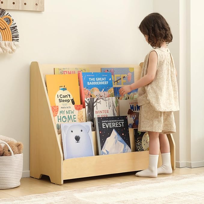 OOOK Kids Bookshelf, Wooden 4-Tier Front Facing Book Display Shelf for Kids, Toddler Montessori Bookshelf for Classroom, Playroom, Nursery