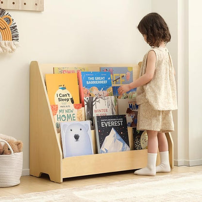 OOOK Kids Bookshelf, Wooden 4-Tier Front Facing Book Display Shelf for Kids, Toddler Montessori Bookshelf for Classroom, Playroom, Nursery