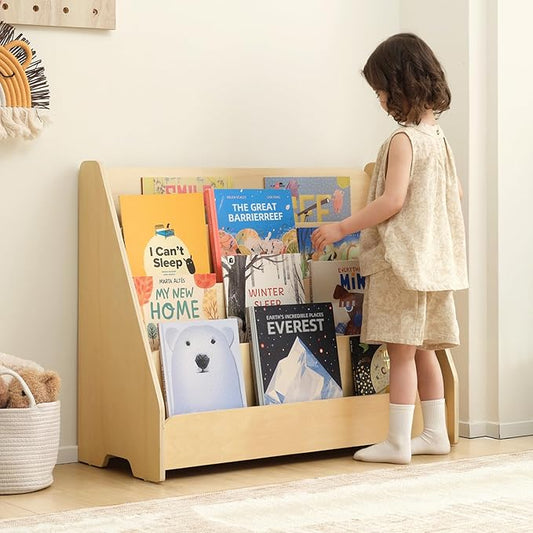 OOOK Kids Bookshelf, Wooden 4-Tier Front Facing Book Display Shelf for Kids, Toddler Montessori Bookshelf for Classroom, Playroom, Nursery