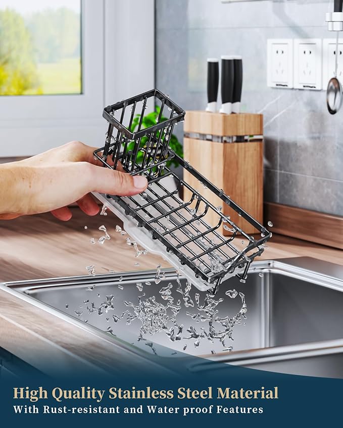 Consumest Sponge Holder for Kitchen Sink - Kitchen Sink Caddy Organizer with Removable Drip Tray for Countertop Dish Soap Dispenser Brush Storage Accessories 304 Stainless Steel - Black