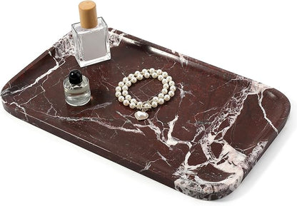 Karibiber Marble Vanity Tray, Large Stone Bathroom Tray for Countertop, 14'' Rose Red Genuine Marble Decorative Tray for Dresser, Green Kitchen Trays for Counter,Perfume Storage, Non-Resin/Ceramic