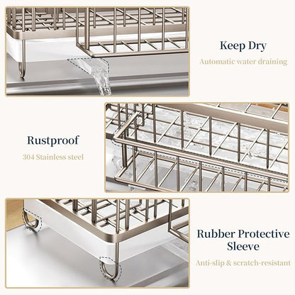 Consuemst Sponge Holder for Kitchen Sink - Auto Draining Sink Caddy Organizer with Detachable Rack, High Brush Holder, Kitchen Countertop Storage Accessories, Sand Nickel