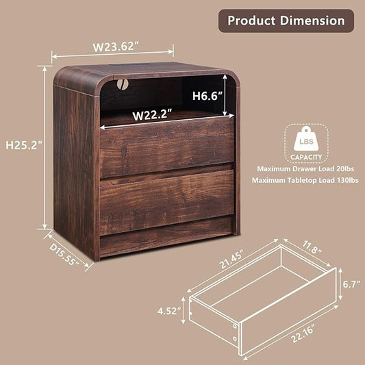 Aitjunz 25" Tall Modern Nightstand with Charging Station, 23.6'' Wide Wood Bedside Table w/2 Storage Drawers, Large Mid Century End Table for Bedroom, Living Room, Curved Profile Design, Brown