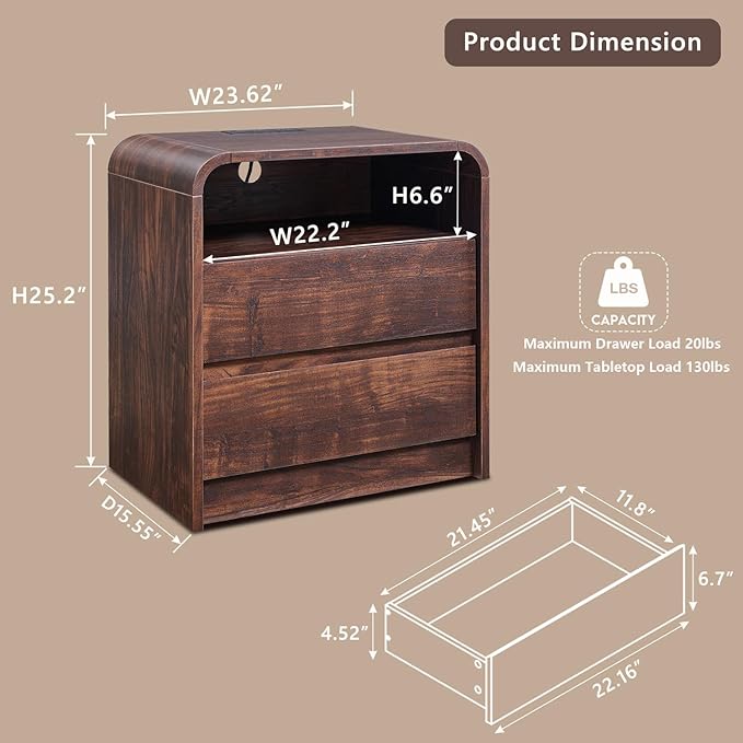 Aitjunz 25" Tall Modern Nightstand Set of 2, 23.6'' Wide Wood Bedside Table w/2 Storage Drawers, Charging Station,Mid Century End Table for Bedroom, Living Room, Curved Profile Design, Brown