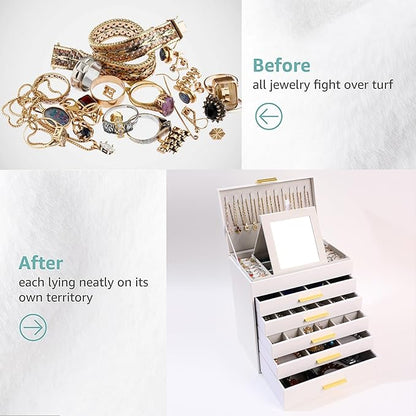 BOOVO Jewelry Box with Necklace Hanger – 6 layer Jewelry Organizer for Women with 5 Drawers, Large Jewelry Storage Boxes –Jewelry Organizers and Storage for Earrings, Necklaces (White, 6 layer)