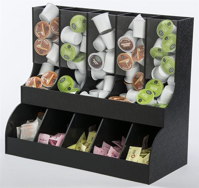 Displays2go K-Cup Organizer and Dispenser, 10 Compartments, Holds 75+ K-Cups, Countertop, ABS Plastic (Black)