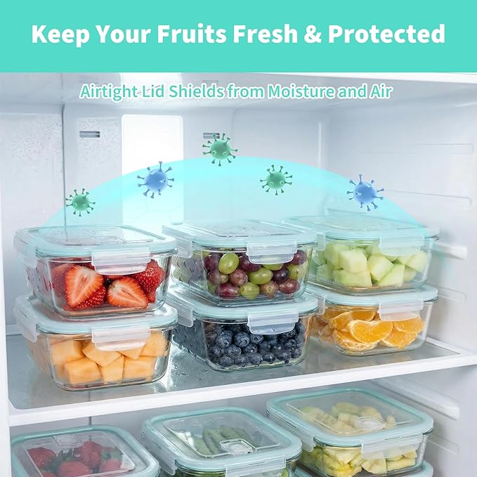 Piszvbej 2 Pack Fruit Storage Containers for Fridge, Glass Fruit Containers for Fridge with Airtight Lid, Airflow Vent Design to Keep Produce Fresh Longer, Ideal for Fruits and Vegetables Storage