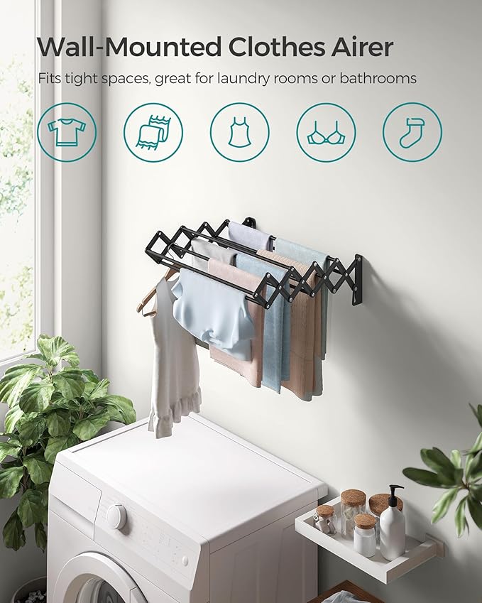 SONGMICS Clothes Drying Rack, Wall-Mounted Drying Rack Clothing, Small Accordion Laundry Rack, 9 Staggered Hanging Rods, Expandable and Retractable, Ink Black ULLR802B01