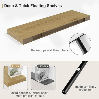 Heimlove Bathroom 12'' Deep Floating Shelves for Wall - Shelf Over Toilet Mounted Farmhouse 24 inches,Rustic Wood Shelves Decor & Storage Set of 1 Oak