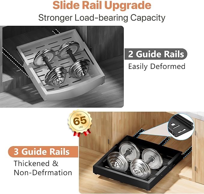 BUFOR 2 Pack Pull out Cabinet Organizer, Width (10"-15") Depth (11"-17"), with 3 Rails Adjustable Slide, Expandable Drawers for Cabinets, No Drill Adhesive Kitchen Drawers for Pantry Shelves black