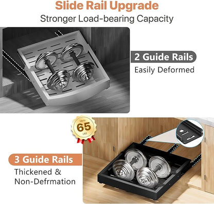 BUFOR 2 Pack Pull out Cabinet Organizer, Width (10"-15") Depth (11"-17"), with 3 Rails Adjustable Slide, Expandable Drawers for Cabinets, No Drill Adhesive Kitchen Drawers for Pantry Shelves black