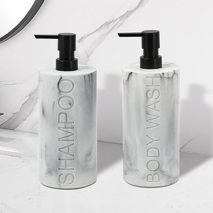 Indecor Home Marble Resin 2 Piece Shampoo and Body Wash Dispenser Set, Luxurious Refillable Pump Bottles with Matte Pump Top and Embossed Text, Durable Design for Bathroom and Shower