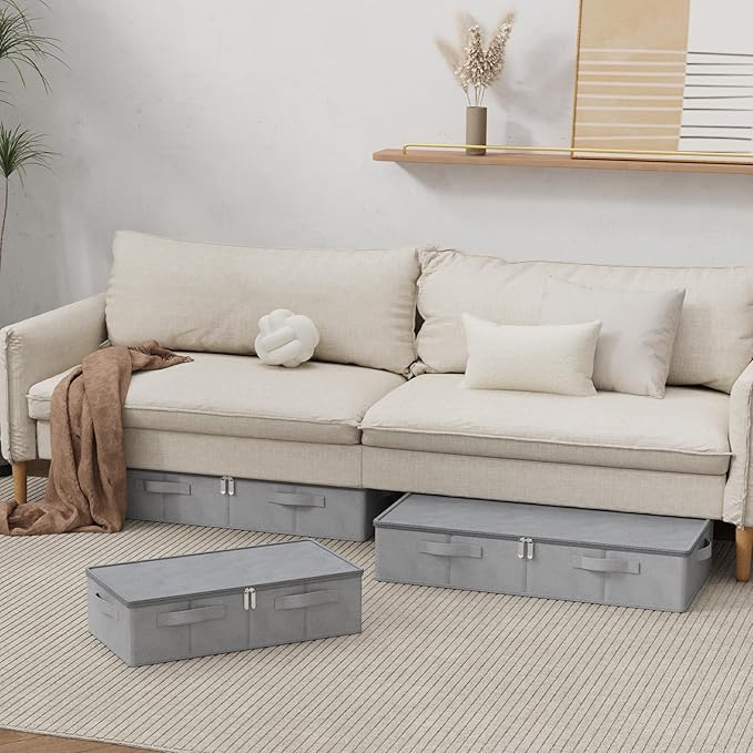 ENUMAIL Underbed Storage Box, Foldable Bed Sheet Organizer, Cube Bags Container with Lid for Organizing Clothes, Blankets, Comforter, 23.6x11.8x5.9in, Grey, 2 Pack