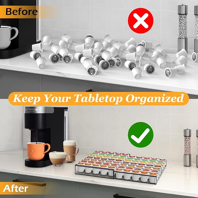 Coffee Pod Holder Drawer, Expandable K Cup Holder Compatible with Keurig K-Cup, K Cup Drawer Organizer Hold 30-60 Coffee Pod Storage for Coffee Station Office and Kitchen, Black