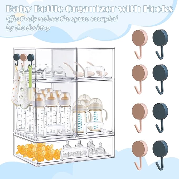 Baby Bottle Organizer-5 Pack Stackable Storage Drawers, Baby Organizers and Storage with Hooks, Clear Acrylic Multipurpose Bottle Storage for Countertop,Kitchen,Cabinet,Vanity,Bathroom