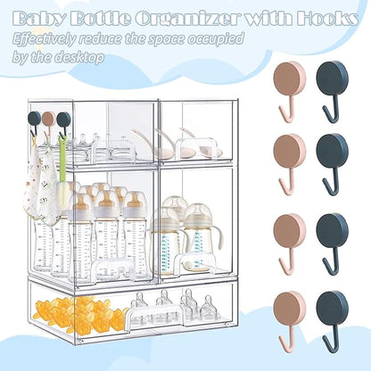 Baby Bottle Organizer-5 Pack Stackable Storage Drawers, Baby Organizers and Storage with Hooks, Clear Acrylic Multipurpose Bottle Storage for Countertop,Kitchen,Cabinet,Vanity,Bathroom