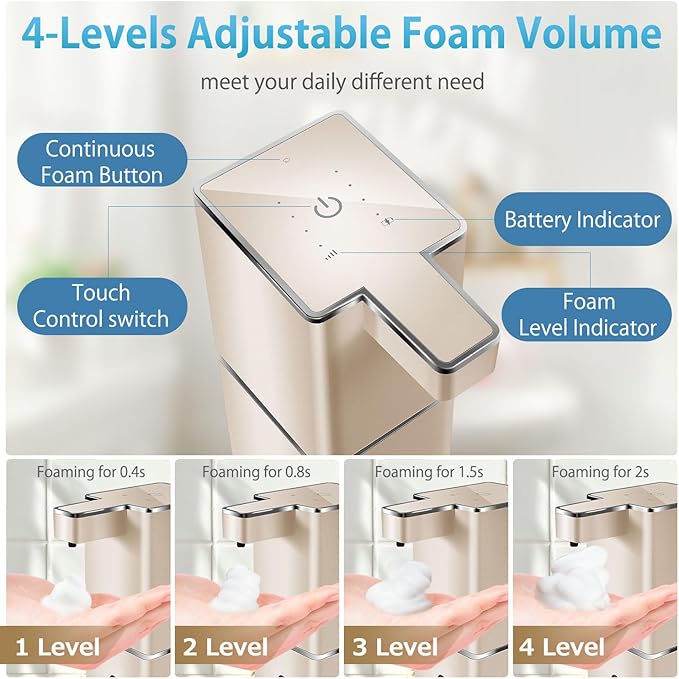 JEMISUN Automatic Soap Dispenser Touchless Foaming Soap Dispenser 300ml/12.8oz Rechargeable, Wall Mounted 4 Levels Adjustable Foam Soap Pump for Bathroom Kitchen Dish Soap