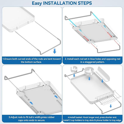 Bathtub Tray for Large Soaking Tub Table Tray Expandable Tub Shelf for Bathtub Caddy Bath Shelf Over Tub Luxury Bath Board Book Holder with Removable 2 Cup Holder Phone Metal Shower Caddy Basket White