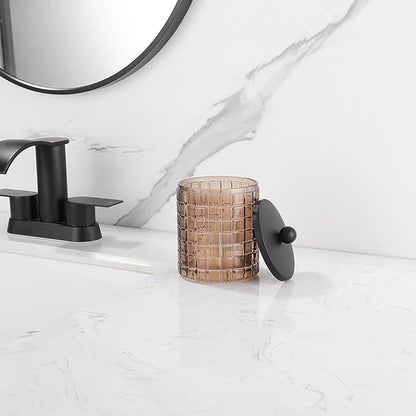 Indecor Home Amber Colored Tranlucent Apothecary Etched Geometric Grid Glass Jar W/Matte Black Metal Lid for Bathroom Organization, Cotton Balls, Q Tips, and Small Accessories, Bathroom Storage