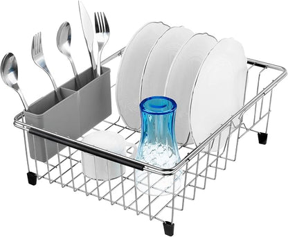 iPEGTOP Expandable Multifunctional Dish Drying Rack, Over The Sink, in Sink Or On Counter Dish Drainer Basket Organizer Shelf with Removable Grey Utensil Silverware Holder, Rustproof Stainless Steel