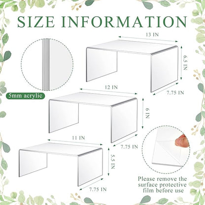 3 Pcs Extra Large 13,12,11 Inch Acrylic Display Risers Clear Acrylic Shelf Riser Display Stands 5 mm Thick Rectangular for Collectibles Figures