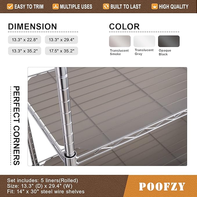 Poofzy Wire Shelf Liner 14 x 36, Set of 5 Shelf Liners for Wire Shelving Plastic Non-Adhesive for Pantry, Kitchen Cabinets (Gray)