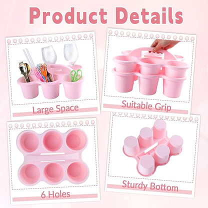 6 Pack Classroom Caddy with Handle Plastic Storage Caddy Organizer with 6 Compartments Drink Cup Caddies Holder Portable Storage Bin for Pencil, Crayon, Marker, Home, Office, School Supplies(Pink)