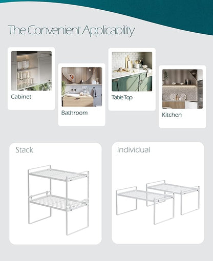 2 Pack Kitchen Cabinet Shelf Counter Organizer Rack Pantry Storage Bathroom Bedroom Office Table Desk Space Saving Steel Frame Stackable Rust Resistant Non Slip White