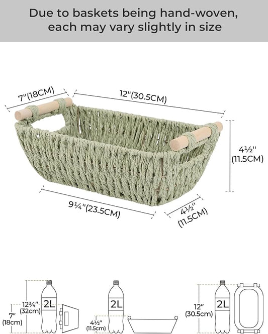 StorageWorks Round Paper Rope Woven Basket with Wooden Handles for Gifts, Small Woven Baskets for Shelf, Bosana Green, 2-Pack